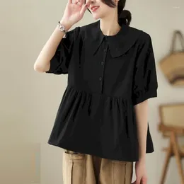 Women's Blouses Shirts For Women Half Sleeve Oversized Pullover Solid Loose Casual Korean Style Fold Design Doll Collar Blouse Tops