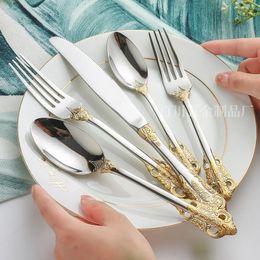 Cookware Sets Stainless Steel Tableware Royal Court Style Gold plated Embossed Pattern Main Five Pieces Knife Fork Spoon Dinnerware 231130