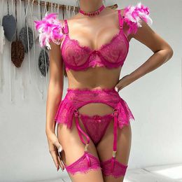 Sexy Costume JSY Sexy Bra and Panties Lingerie Feather Lace Women Underwear Set Transparent Erotic Brief Sets Garters Intimates Costumes