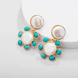 Dangle Earrings Bohemia Fashion Trend For Women Pearl Turquoise Inlay Circular Piercing Vintage Luxury Designer Aesthetic Jewelry