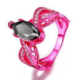 2017 New Fashion Jewellery 18K Pink Gold Filled Horse eys Black Sapphire Gemstones CZ Diamond Wedding Women Band Ring For Lover Gift2296