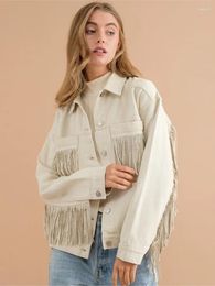 Women's Jackets RDMQ 2023 Casual Denim Jacket Kpop Tassel Streetwear Vintage Washed Long Sleeve Outerwear Korean Fringe White Loose Coat