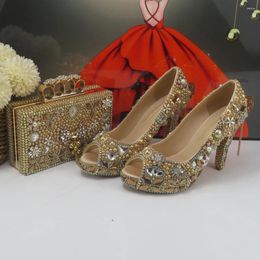 Dress Shoes 2024 Spring Arrival Green Pearl Crystal Women Party With Matching Bags Round Toe High Pumps Platform And Purse