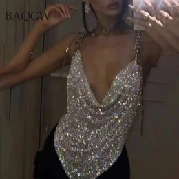 Women's Tanks Sexy Sparkly Ladies Top Luxury Sequined Patchwork High Quality Strap Design Backless Crystal BlingBling Birthday Party Tops