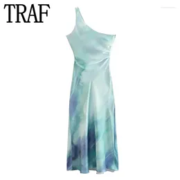 Casual Dresses Tie Dye Satin Dress Woman Asymmetric Long For Women 2023 Off Shoulder Elegant Midi Ruched Party