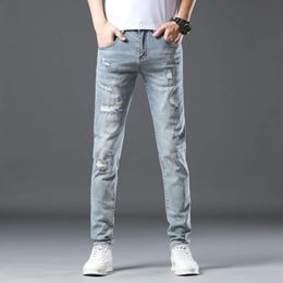 Ripped For Men Hip Hop Jeans Slim Skinny Fit Stretch Light Blue Patchwork Fashion Painting Male Denim Pants S Clothing