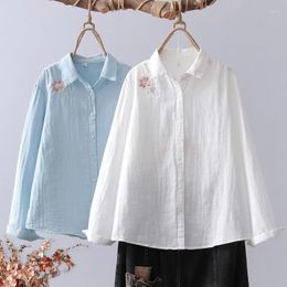 Women's Blouses Women Embroidery Shirts White Blue Floral Cotton Yarn Long Sleeve Lady Tops Autumn Female Clothes