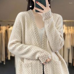 Women's Sweaters 23 Autumn And Winter 100 Pure Cashmere Cardigan V Tie Pocket Jacquard Hollow Out Coat Sweater Wool Knitted Top