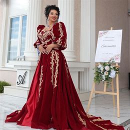 Red Noble Evening Dresses Square Neck Lace Appliques Puff Sleeves Formal Gown Overskirt Arabic Dubai Celebrity Dress