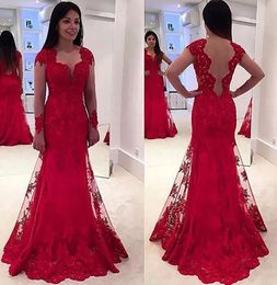 Prom Dresses Red Plus Size Evening Gown Party Formal Zipper Lace Up New Custom Mermaid Applique Sweetheart Tulle Illusion Long Sleeve