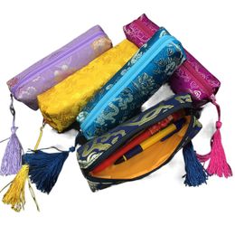 Waterproof Rectangle Zipper Bag Travel Jewellery Necklace Storage Pouch Pencil Case Cosmetic Packaging Bags Silk Brocade Tassel Makeup Purse