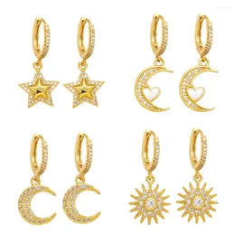 Dangle Earrings FLOLA Small Gold Plated Hoops Moon Star For Women Copper CZ Crystal Sun Dainty Jewellery Gifts Erss25