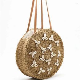 Evening Bags Round Straw Beach Bag Summer Woven Shell Handmade Shoulder Girls Circle Rattan Braided Detail Tote With Zipper