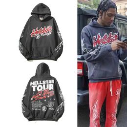 2023 trendy new Hellstar vintage flame graffiti print couple hooded sweater for men and women