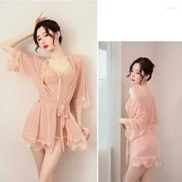 Women's Sleepwear Lingerie Sexy With Pyjamas Piece Size Elastic Robe Set Lace Nightdress Soft Women Fun Three Large Suit Underwear