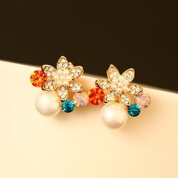 very beautiful fashion luxury designer Colourful crystal flower diamond zircon pearl super glittering stud earrings for woman silve2933