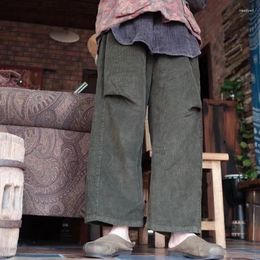 Women's Pants QPFJQD Female Corduroy Retro Wide Leg Trouser Elastic Waist Patchwork Women Warm Loose Pockets Army Green 2024 Winter