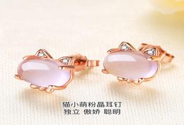 Silver plated rose gold earrings female Pink Crystal Kitty Earrings Pendant Korean style lotus stone silver Jewellery whole3463954