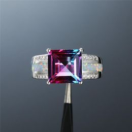 Vintage Female Rainbow Crystal Stone Ring Charm White Opal Wedding Rings For Women Cute Silver Color Square Engagement Ring2590