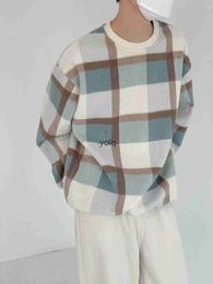 Men's Sweaters 2023 Winter Plaid Printing Wool Sweater Loose i Round Ne Knitting Long Sleeve Coats Blue/brown Colour Pullover M-2XLyolq