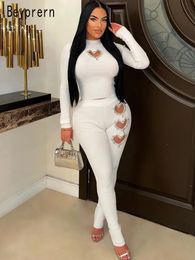 Women s Two Piece Pants Beyprern Crystal Hearts Knit Leggings Set Sequin 2 Piece Ribbed Tracksuits Female Night Club Wear Clothing Sexy Clubwear 231201