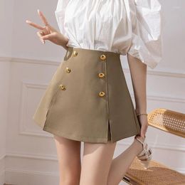 Skirts Women Button Mini High Waist Pleated Skirt Solid All-match Vintage Streetwear College Chic Design Simple Korean Shorts P157