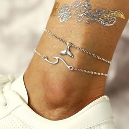 Simple Silver Color Double Layered Anklets for Women Summer Beach Fish Tail Wave Foot Chain Ankle Bracelets on Leg Jewelry247U