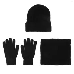 Berets Winter Beanie Set Double-layer Knitted Hat Neck Warmer Gloves Lined For Men Women (Black)