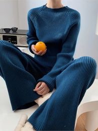 Women's Two Piece Pants Two Piece Set Pullover Sweater Knit Tracksuit Women High Waist Wide Leg Straight Pants Suit Harajuku Spring Autumn Clothes 231130
