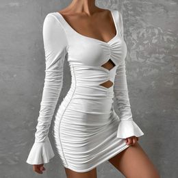 Casual Dresses Long Sleeve Pleated Bodycon Sexy Deep V-Neck Hollow Out Nightclub Dress Women'S Fashion Slim Mini Party For Women