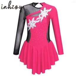 Stage Wear Kids Girls Rhinestone Floral Sequins Figure Ice Skating Dress Ballroom Dance Competition Gymnastics Ballet Leotard Costume