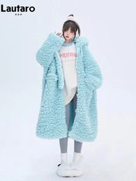 Women's Fur Faux Fur Lautaro Winter Long Oversized Casual Thick Warm Blue Thick Warm Fuzzy Fluffy Faux Fur Coat Women with Hood Zipper Fashion 231130