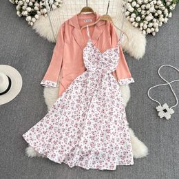 Casual Dresses Summer French Gentle Fairy Floral Sling Dress 2 Piece Mid Length Loose Suit Jacket Sexy Slim Waist High-end