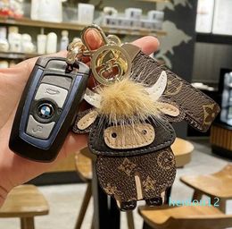 Men and Women Classic Key Ring Car Backpack Cellphone Pendant Cartoon Cow Printing Calf Leather Key Chain