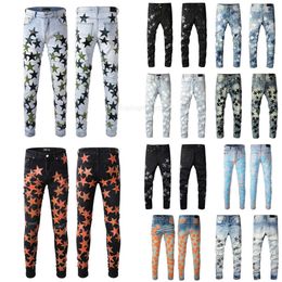 Men's Jeans Mens For Guys Rip Slim Fit Skinny Man Pants Orange Star Wearing Biker Denim Stretch Cult Motorcycle Trendy Long Straight Hip Hop With Hole Blue