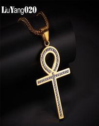 Collana Ankh con zirconi ghiacciati Ciondolo La chiave del Nilo Catena in acciaio inossidabile color oro per gioielli da uomo Croce egiziana Hip Ho8865141