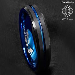 6mm Tungsten Men's Ring Thin Blue Line-inside Black Brushed Band Atop Jewellery J190716261E