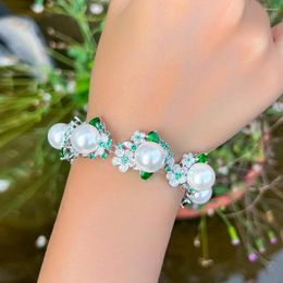 Link Bracelets CWWZircons Beautiful Luxury Green Cubic Zirconia Cluster Flower Wedding Engagement Bridal Big Pearl For Women CB345