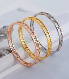 2014 fashion silver roseyellow gold 316L stainless steel hollow roman numbers cuff bracelet jewelry for women7202697