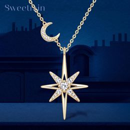 Chokers 100 925 Silver Full Necklace for Women 18K Gold Plated Star Moon Pendant Choker Chain Fine Jewellery Gifts 231130