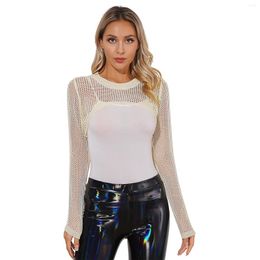 Women's T Shirts Womens Hollow Out Knitted Crop Top Fashion See-Through Long Sleeve Pullover Cover Ups Pool Party Beachwear