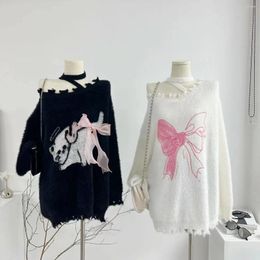 Women's Sweaters Imitation Mink Fleece Sweater 90S Girl Y2K Vintage Cartoon Design Feel Loose And Lazy Pullover Bow Knot Broken Knit
