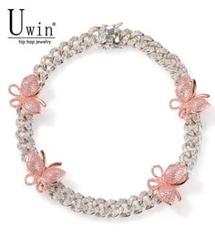 Uwin 12mm Cuban Pink Butterfly Necklace Rose Gold Chain CZ Necklace Bling Bling Hip Hop Jewelry For Men Women Gift9193270