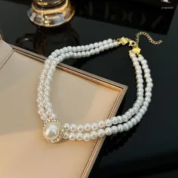 Chains Necklace For Women Vintage Short Pearl With Rhinestone Simple Double Layer Collarbone Chain
