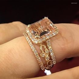 Wedding Rings 2023 Square Champagne Zircon Double For Women Men Gold Colour Hollow Plant Jewellery White Shine Engagement Gifts Edwi2293t