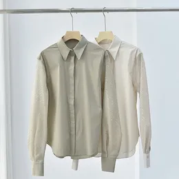 Women's Blouses Women Sequin Stitching Long Sleeve Blouse Convered Buttons Turn-Down Collar Loose Casual Ladies Shirt Spring Summer 2023