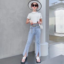 Clothing Sets Trend Girls Garment Short Sleeve T-shirt High Waist Jeans 2pcs Summer Split Boot Cut Pants Outfits Childrens Cacksuit