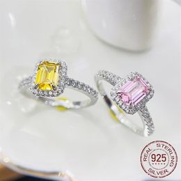 Wedding Rings For Women S925 Silver White yellow pink 5 7mm Cubic Zirconia Rectangle Diamond Ring Bridal Propose Engagement Fine J241N