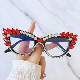 Sunglasses SHAUNA Retro Cat Eye Women Luxury Crystal Glasses Frame Clear Anti-blue Light Eyewear Men Optical