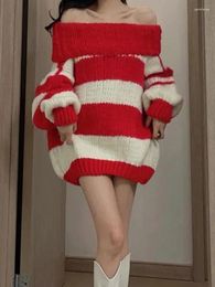 Women's Sweaters Korejepo American Stripe Sweater Women Autumn Winter Chic Slouchy Mid Length Pullover One Line Shoulder Wide Loose Slim